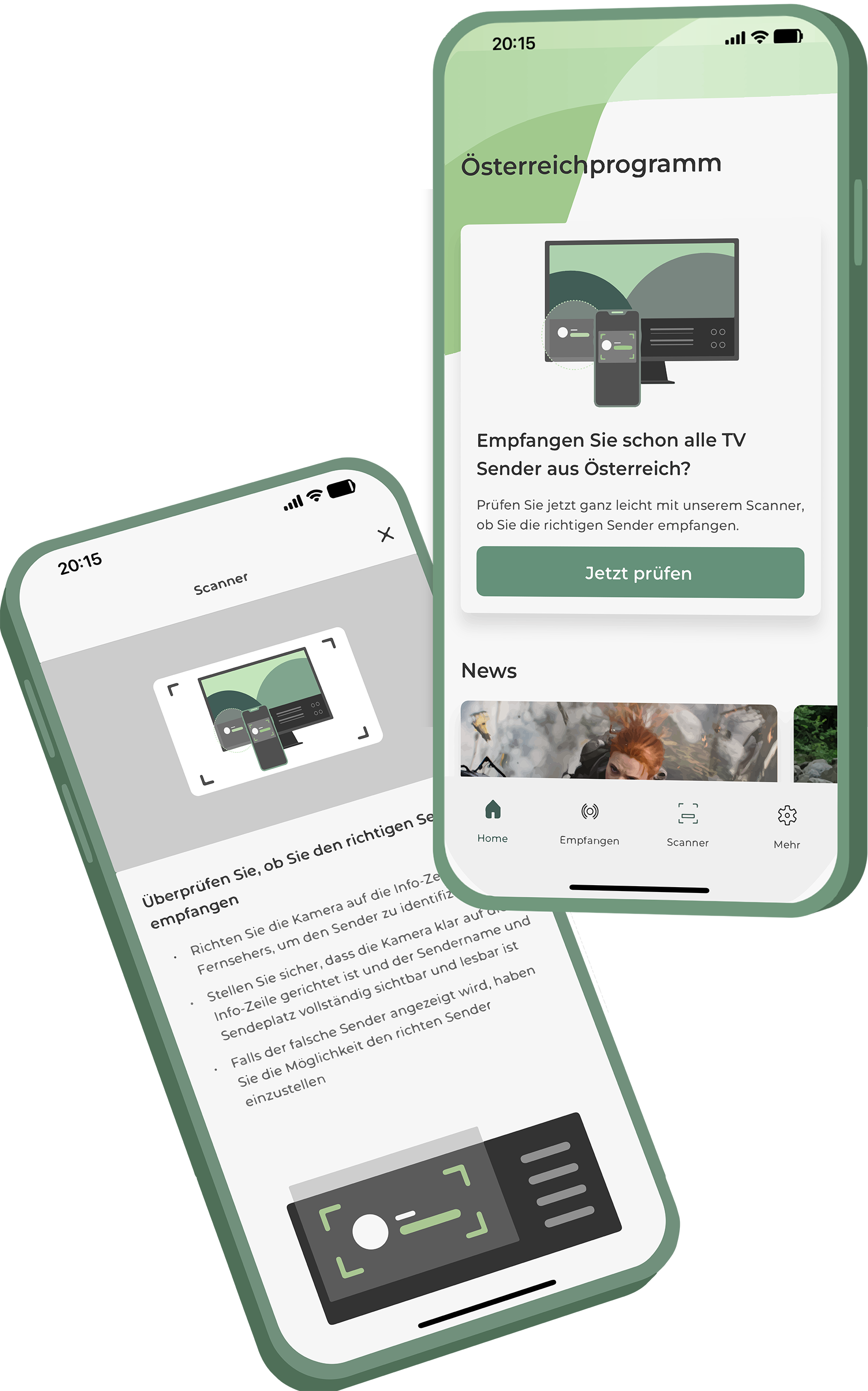 Mobiltelefon mit Ansicht der App Scannen Seite und Startseite
