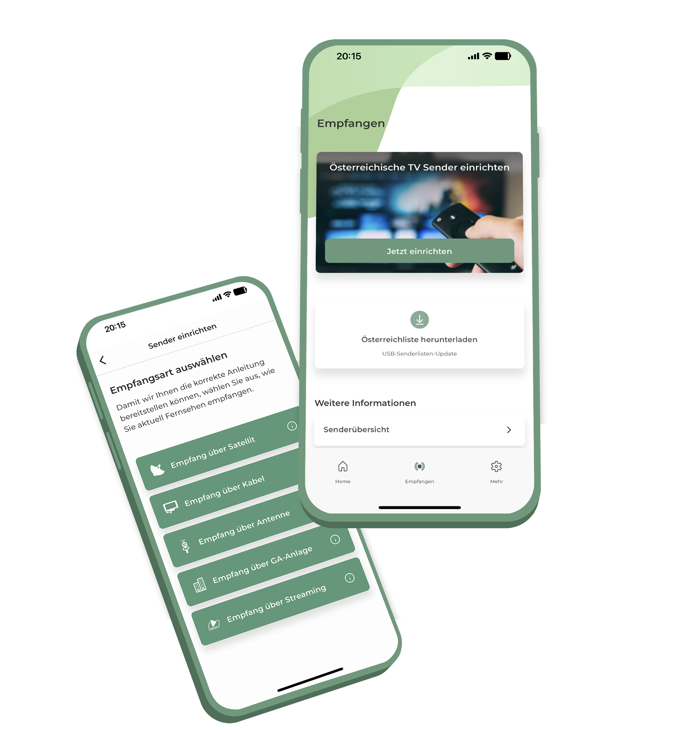 Mobiltelefon mit Ansichten der App-Seite Empfangsart auswählen und Empfangen