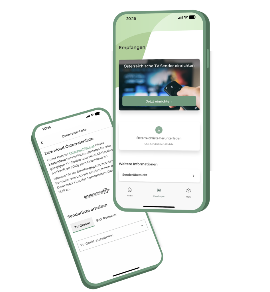 Mobiltelefon mit Ansichten der App-Seite Österreichliste herunterladen und Empfangen